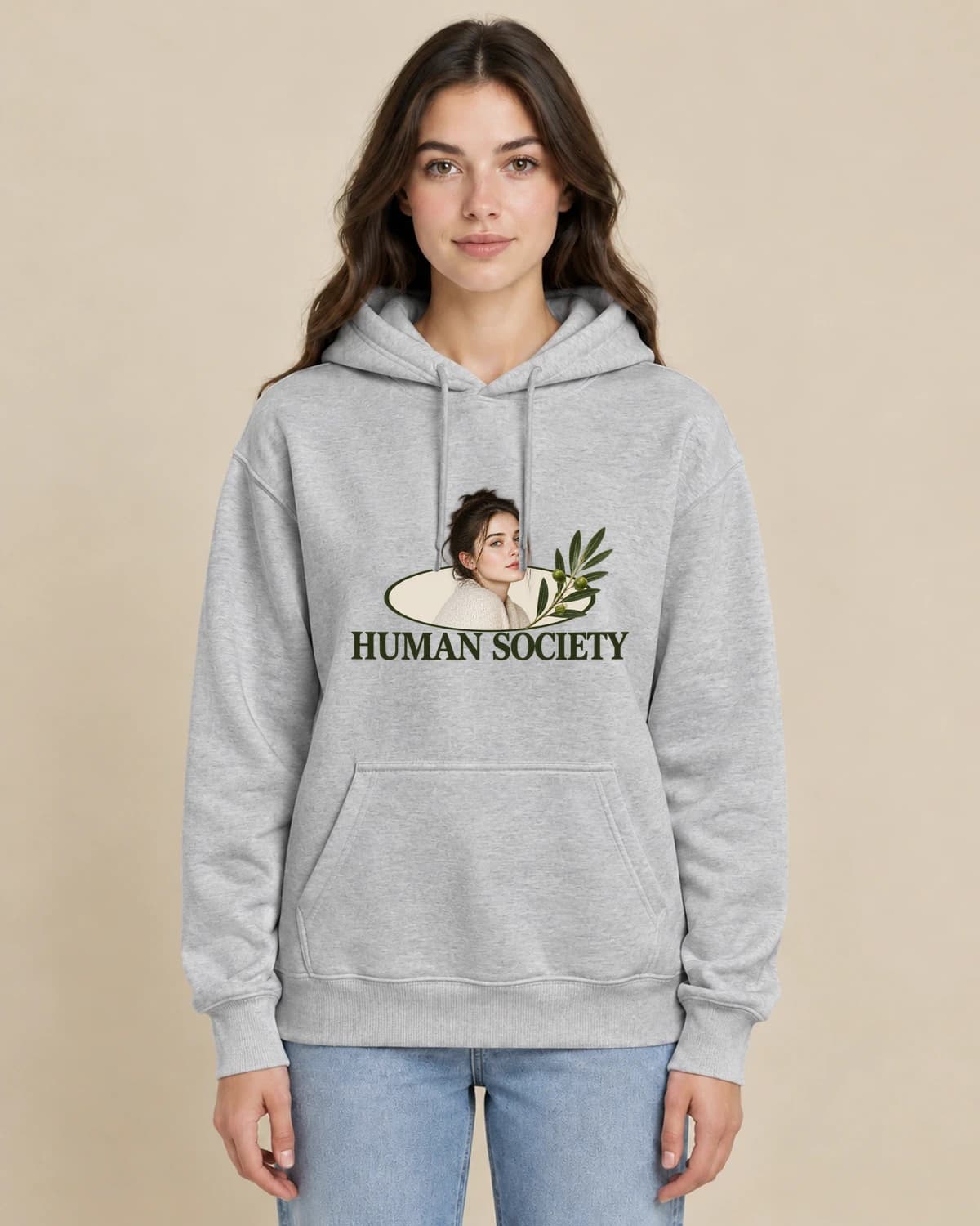 Sunday Human Society on a woman wearing the classic unisex pullover; illustrative styling