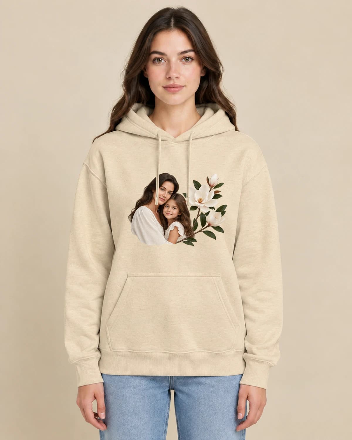 Mother Child Magnolia on a woman wearing the classic unisex pullover; illustrative styling