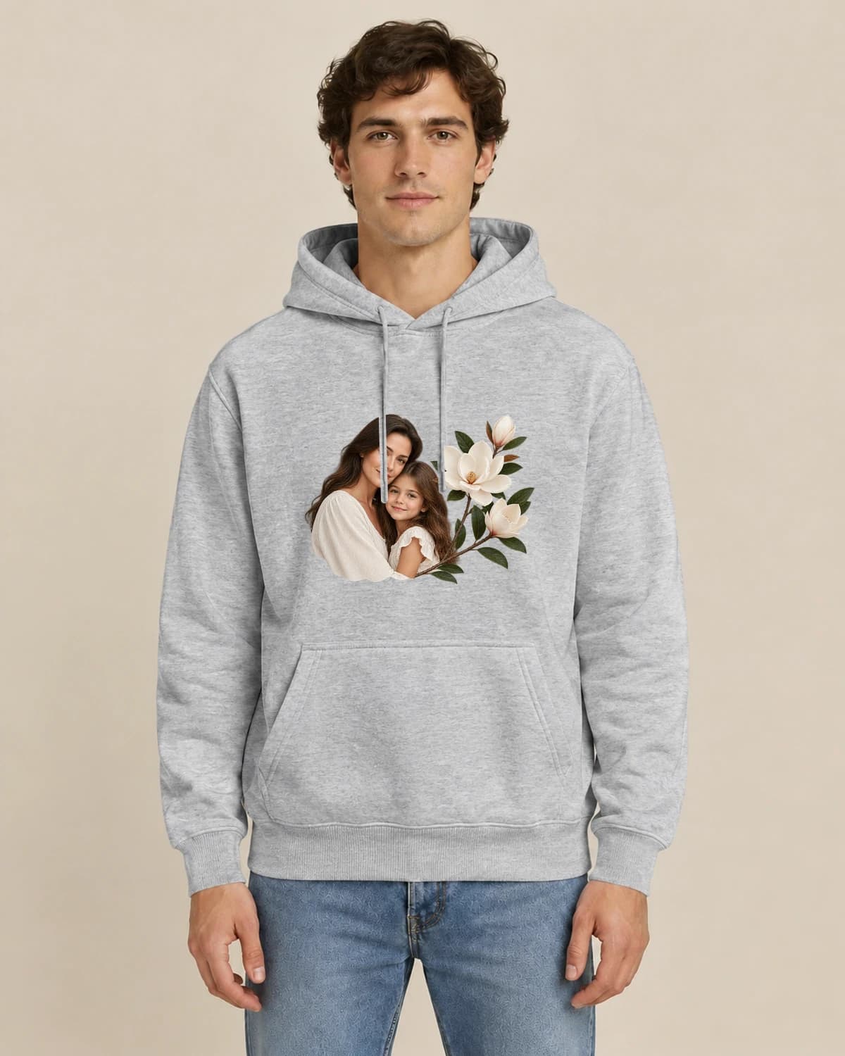 Mother Child Magnolia, men's styling of the same unisex hoodie
