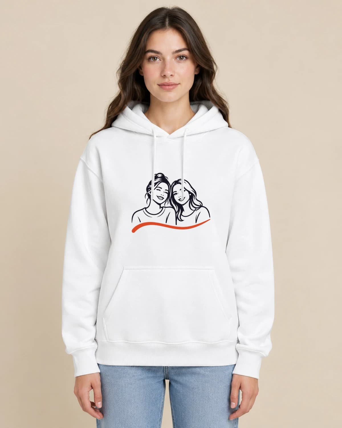 Friendship Ink Link on a woman wearing the classic unisex pullover; illustrative styling