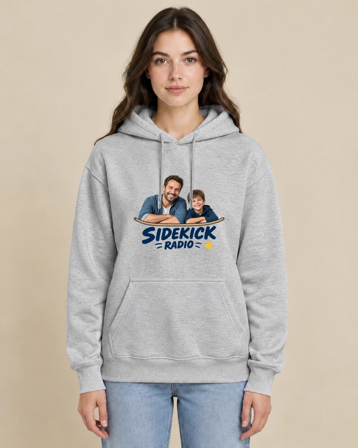 Dad And Me Radio on a woman wearing the classic unisex pullover; illustrative styling