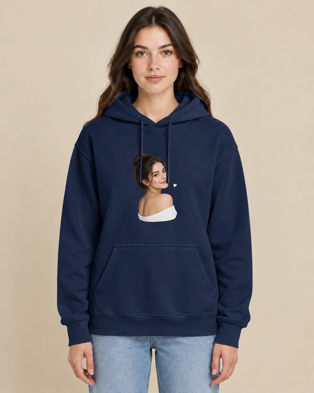 Always Near Portrait on a woman wearing the classic unisex pullover; illustrative styling