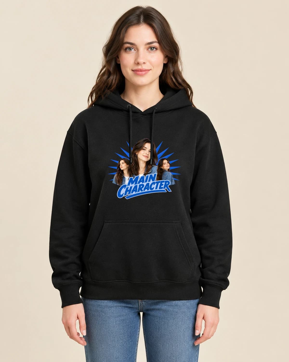 Main Character Tour on a woman wearing the classic unisex pullover; illustrative styling