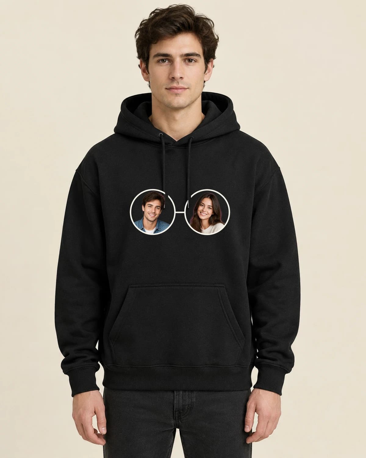 Two Friends Quietly, men's styling of the same unisex hoodie