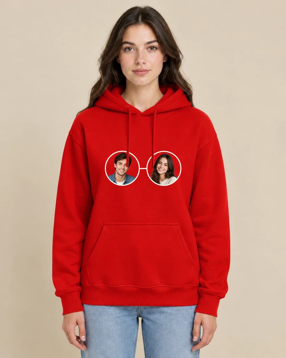 Two Friends Quietly on a woman wearing the classic unisex pullover; illustrative styling