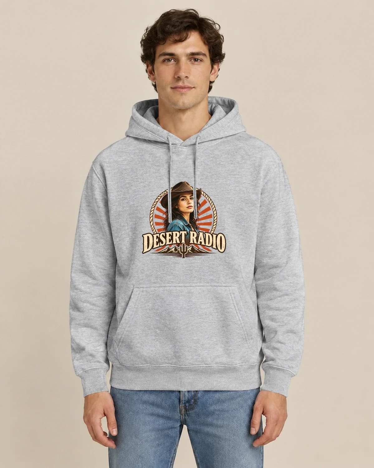 Custom Hoodies With Front & Back Printing: Desert Face Radio hoodie design; Sport Gray styling