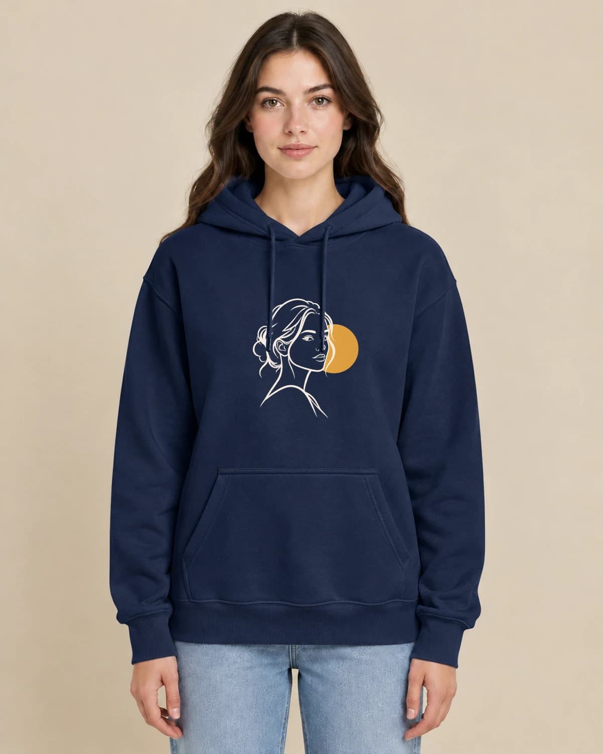 Single Ink Signature on a woman wearing the classic unisex pullover; illustrative styling