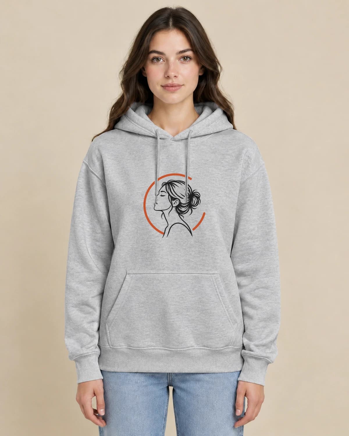Memory Contour Arc on a woman wearing the classic unisex pullover; illustrative styling
