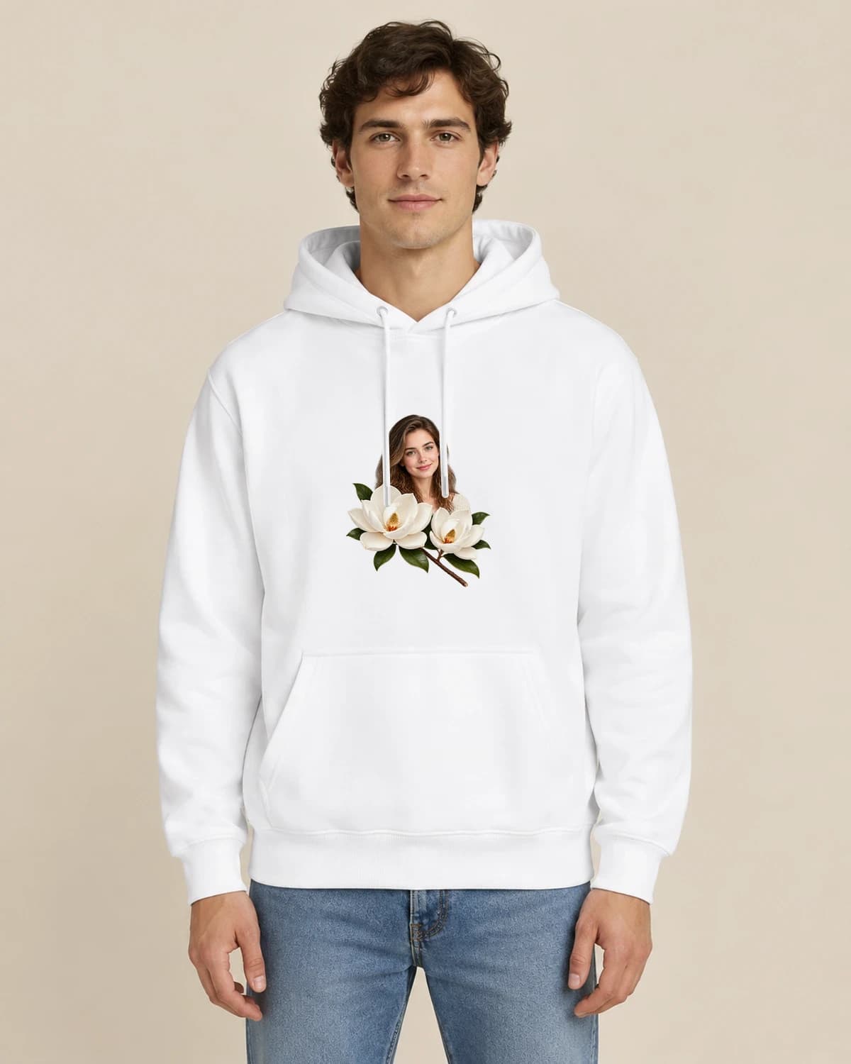 Gentle Magnolia Tribute, men's styling of the same unisex hoodie