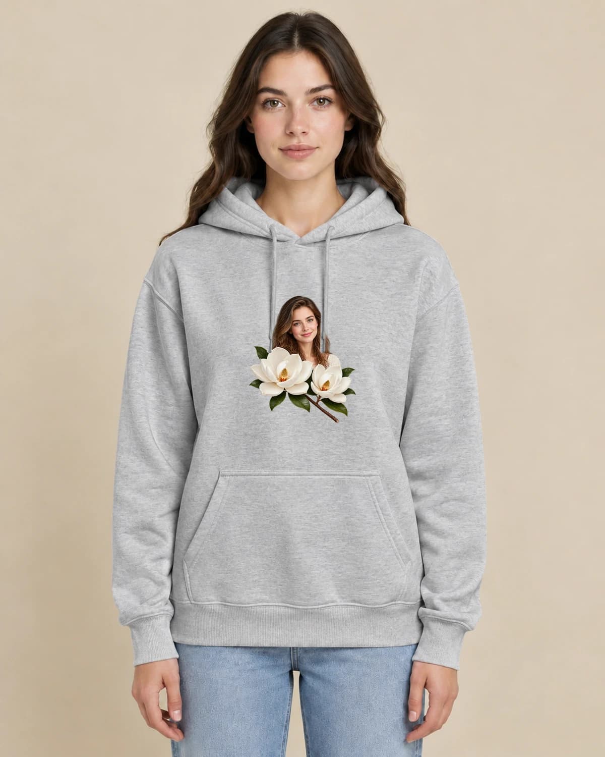 Gentle Magnolia Tribute on a woman wearing the classic unisex pullover; illustrative styling