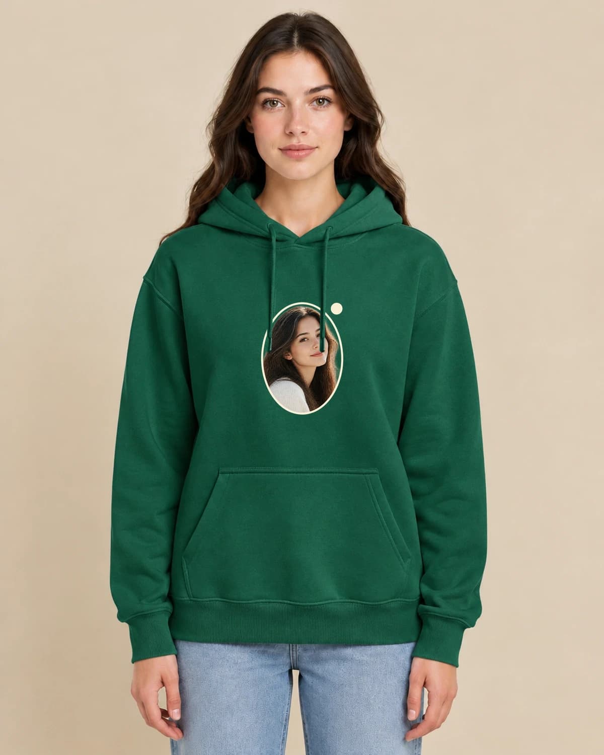Quiet Oval Memory on a woman wearing the classic unisex pullover; illustrative styling