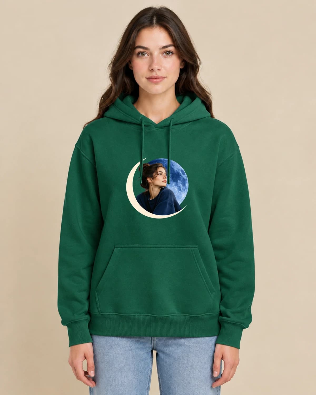Personal Night Shift on a woman wearing the classic unisex pullover; illustrative styling