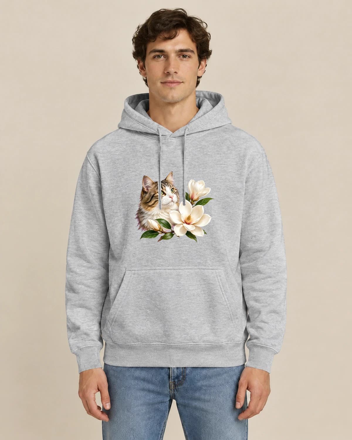 Cat Magnolia Memory, men's styling of the same unisex hoodie