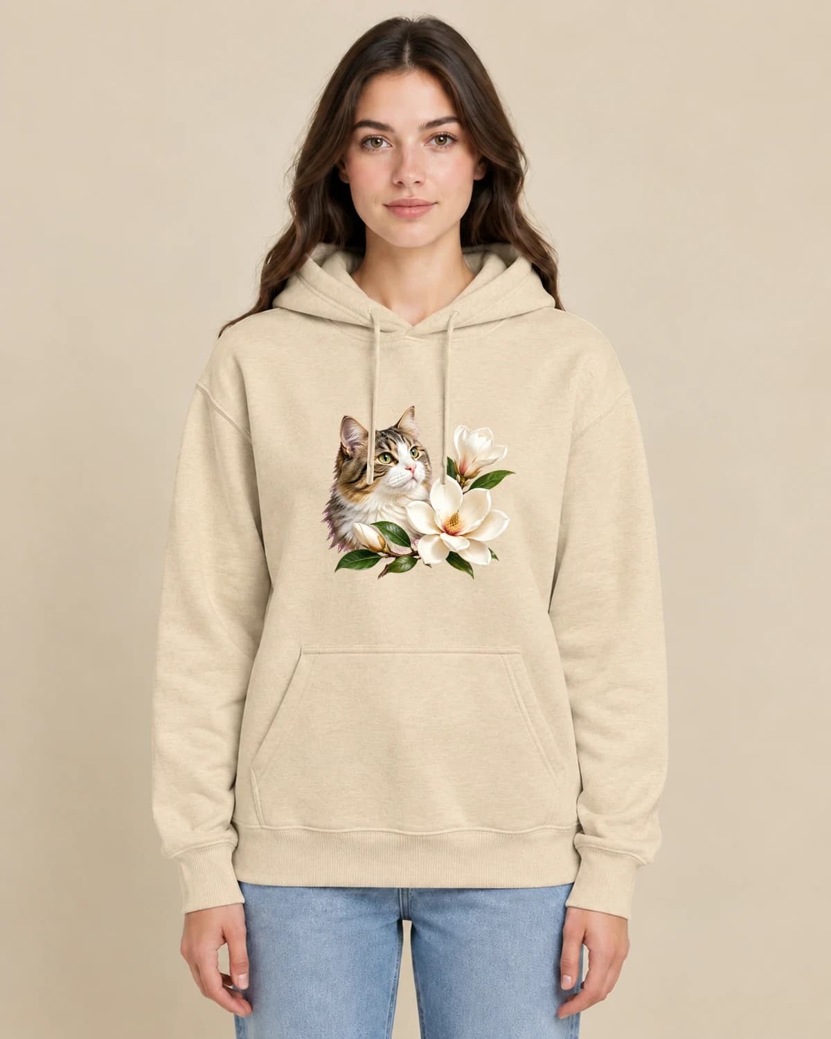 Cat Magnolia Memory on a woman wearing the classic unisex pullover; illustrative styling