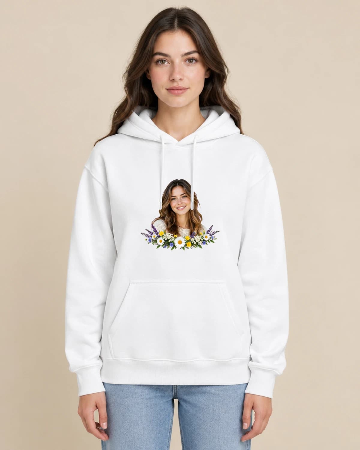 Wildflower Memory on a woman wearing the classic unisex pullover; illustrative styling