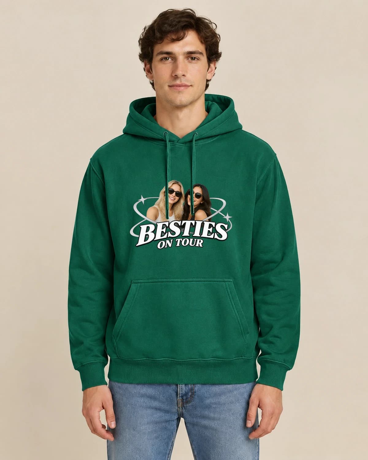 Besties On Tour, men's styling of the same unisex hoodie