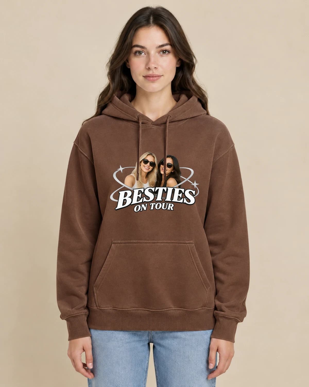 Besties On Tour on a woman wearing the classic unisex pullover; illustrative styling