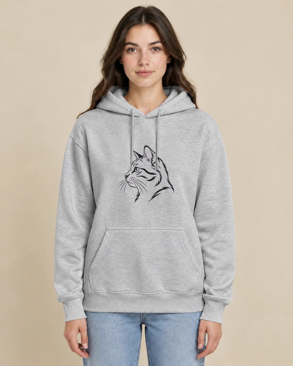 Cat Memory Contour on a woman wearing the classic unisex pullover; illustrative styling