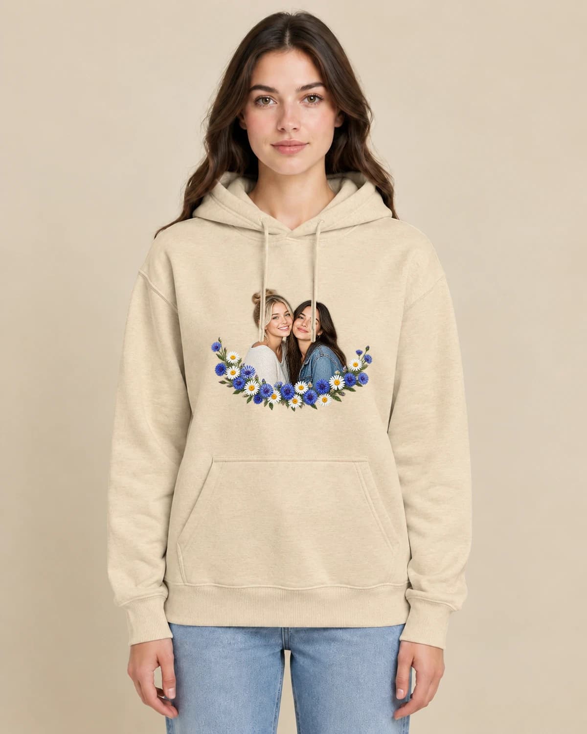 Wildflower Besties on a woman wearing the classic unisex pullover; illustrative styling