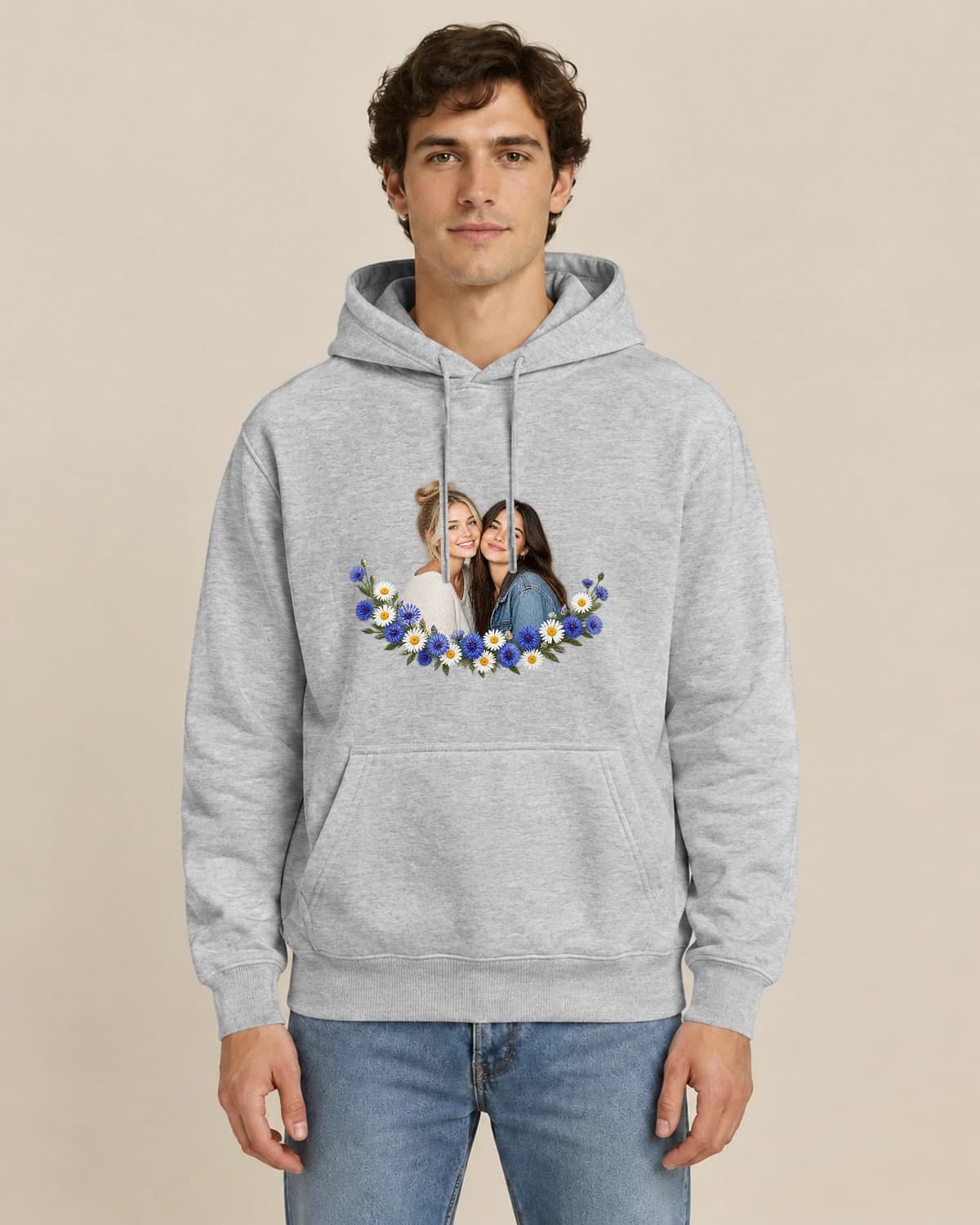 Wildflower Besties, men's styling of the same unisex hoodie