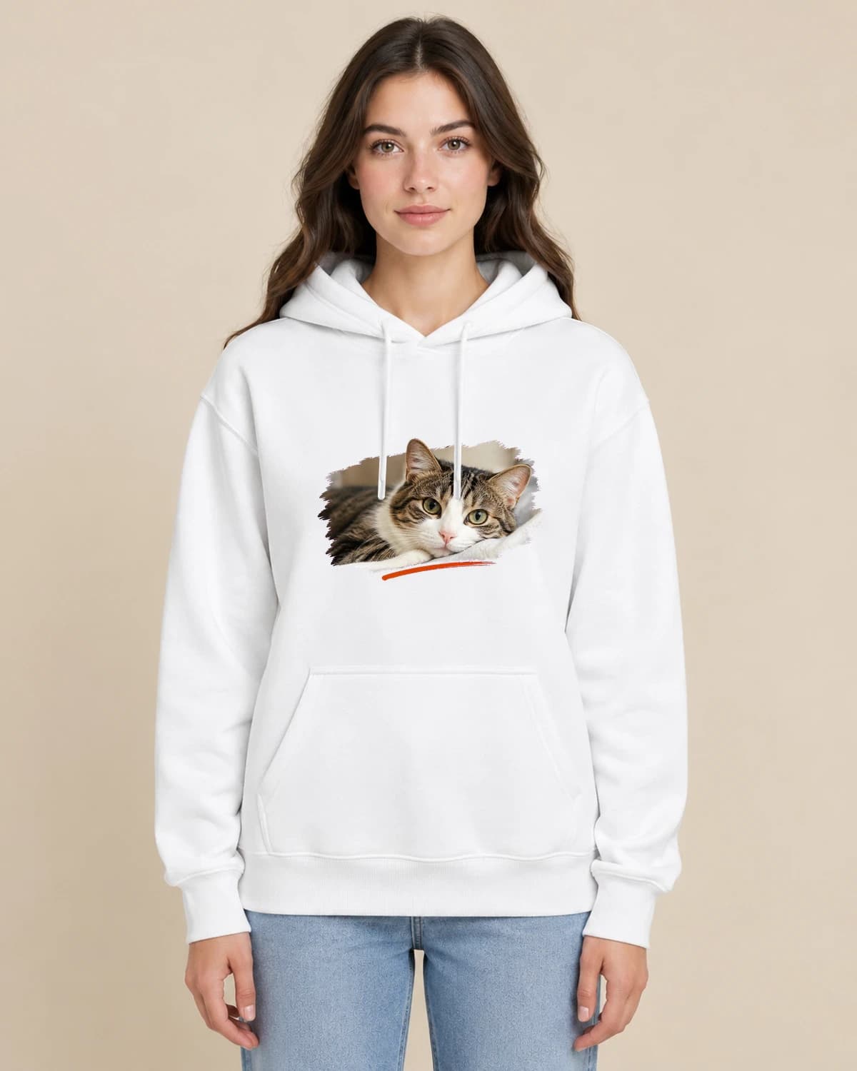 Cat Photo Keepsake on a woman wearing the classic unisex pullover; illustrative styling