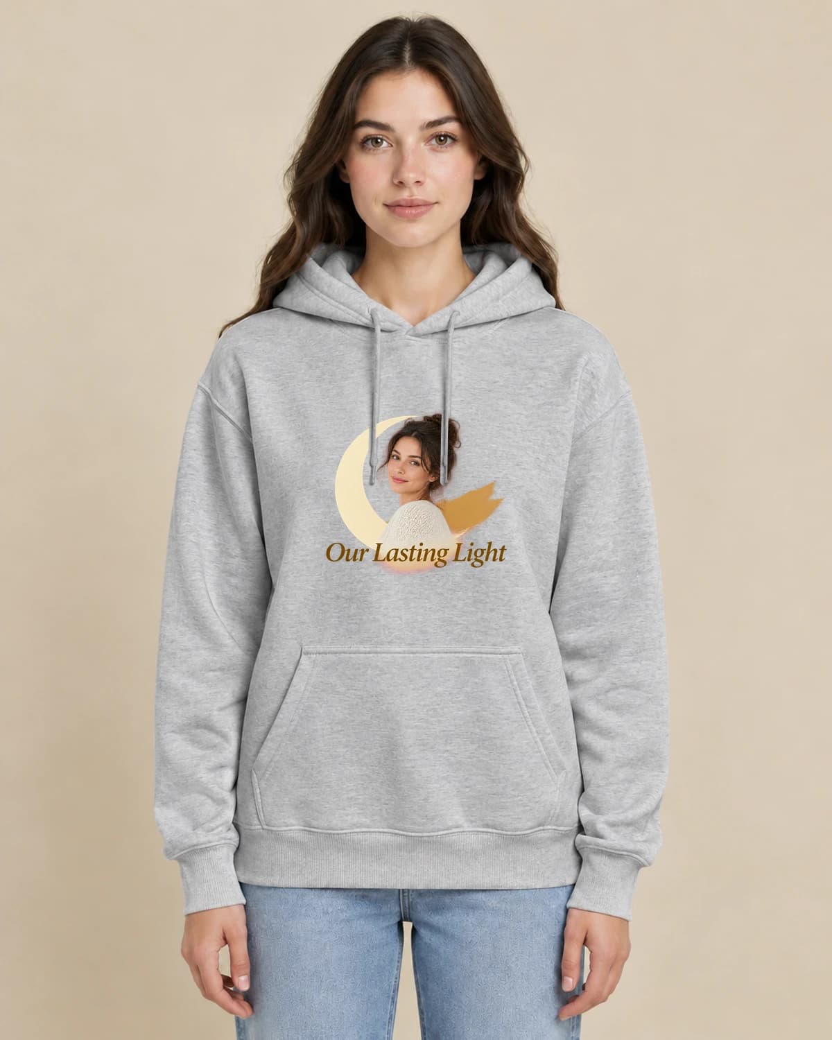 Our Lasting Light on a woman wearing the classic unisex pullover; illustrative styling