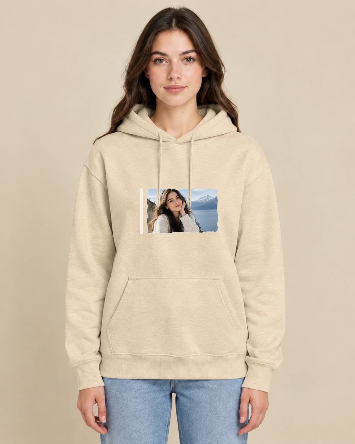 Memory Photo Window on a woman wearing the classic unisex pullover; illustrative styling