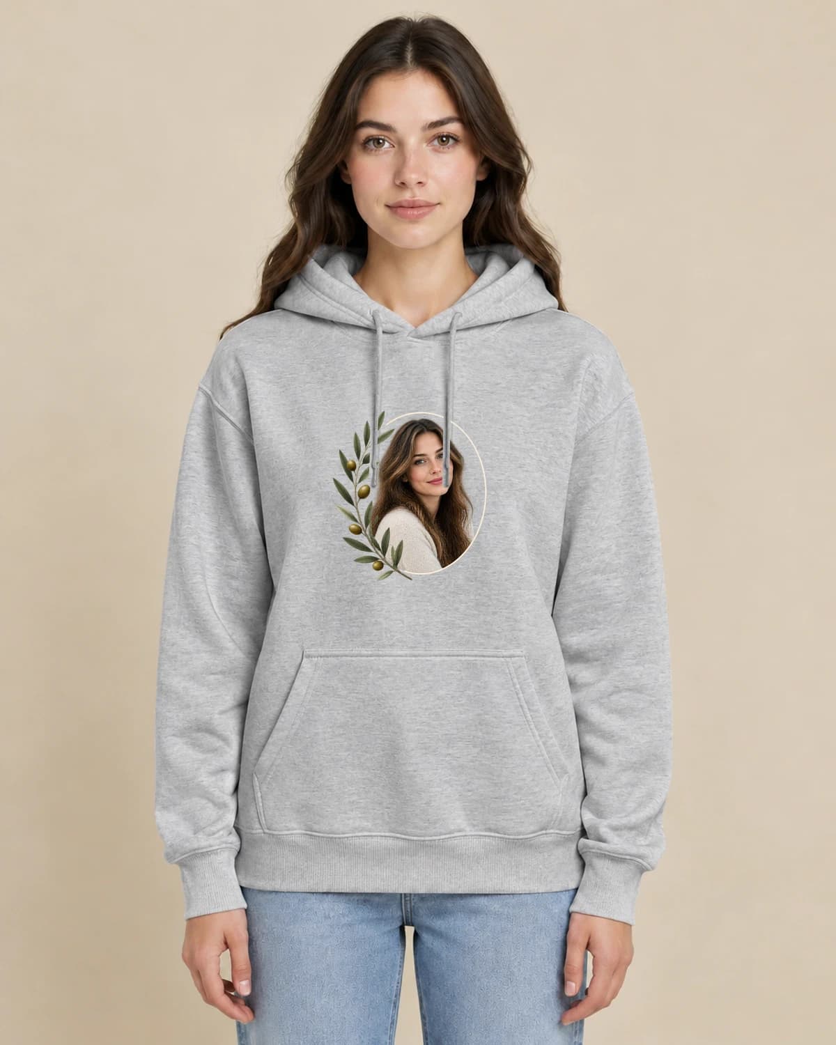 Olive Remembrance on a woman wearing the classic unisex pullover; illustrative styling