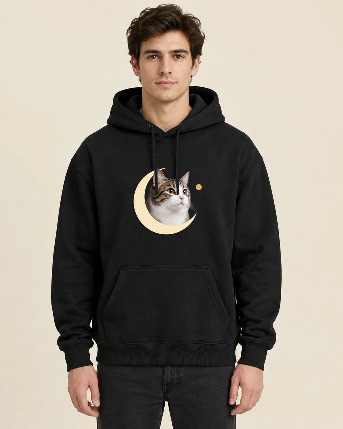 Cat Quiet Moon, men's styling of the same unisex hoodie