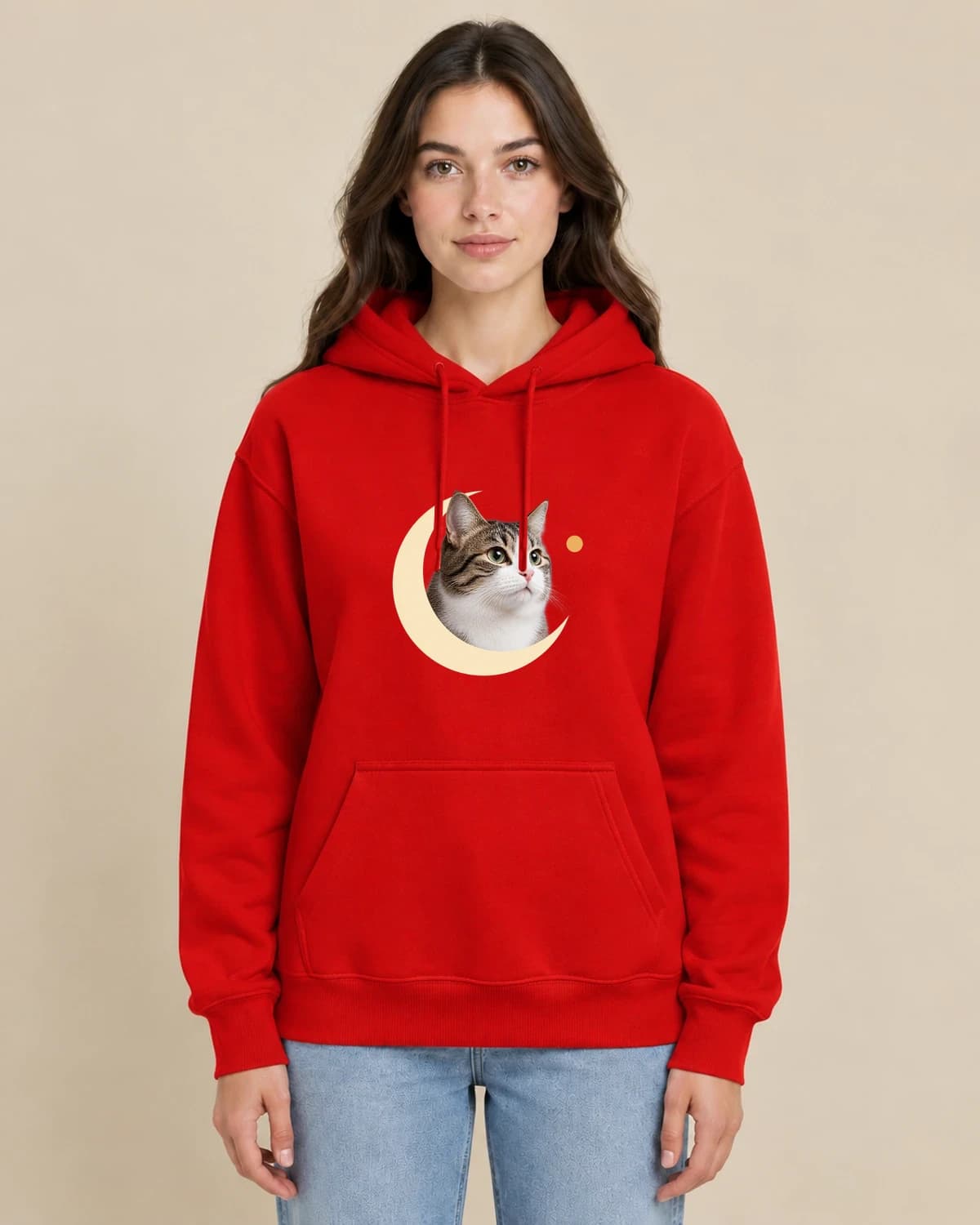 Cat Quiet Moon on a woman wearing the classic unisex pullover; illustrative styling