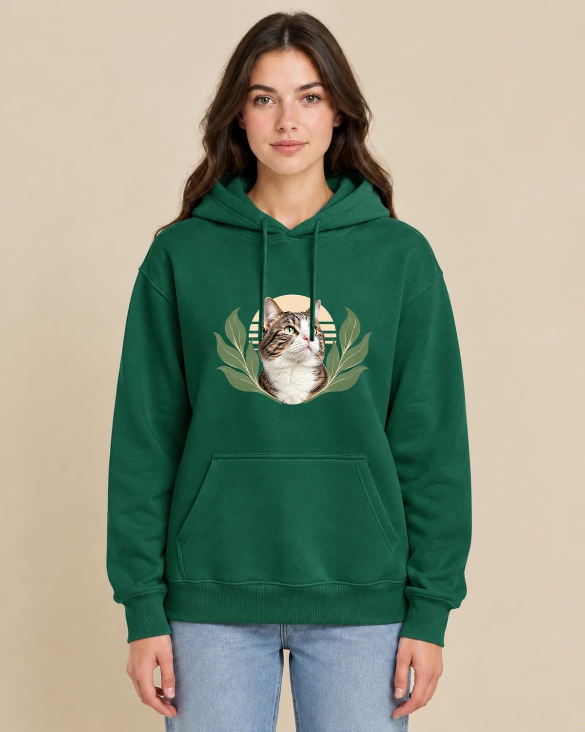 Cat Garden Light on a woman wearing the classic unisex pullover; illustrative styling