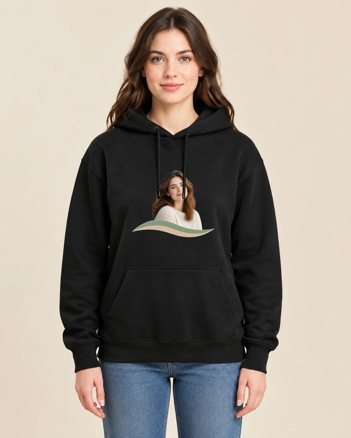 Original portrait art: Soft Horizon Tribute hoodie design; Black styling