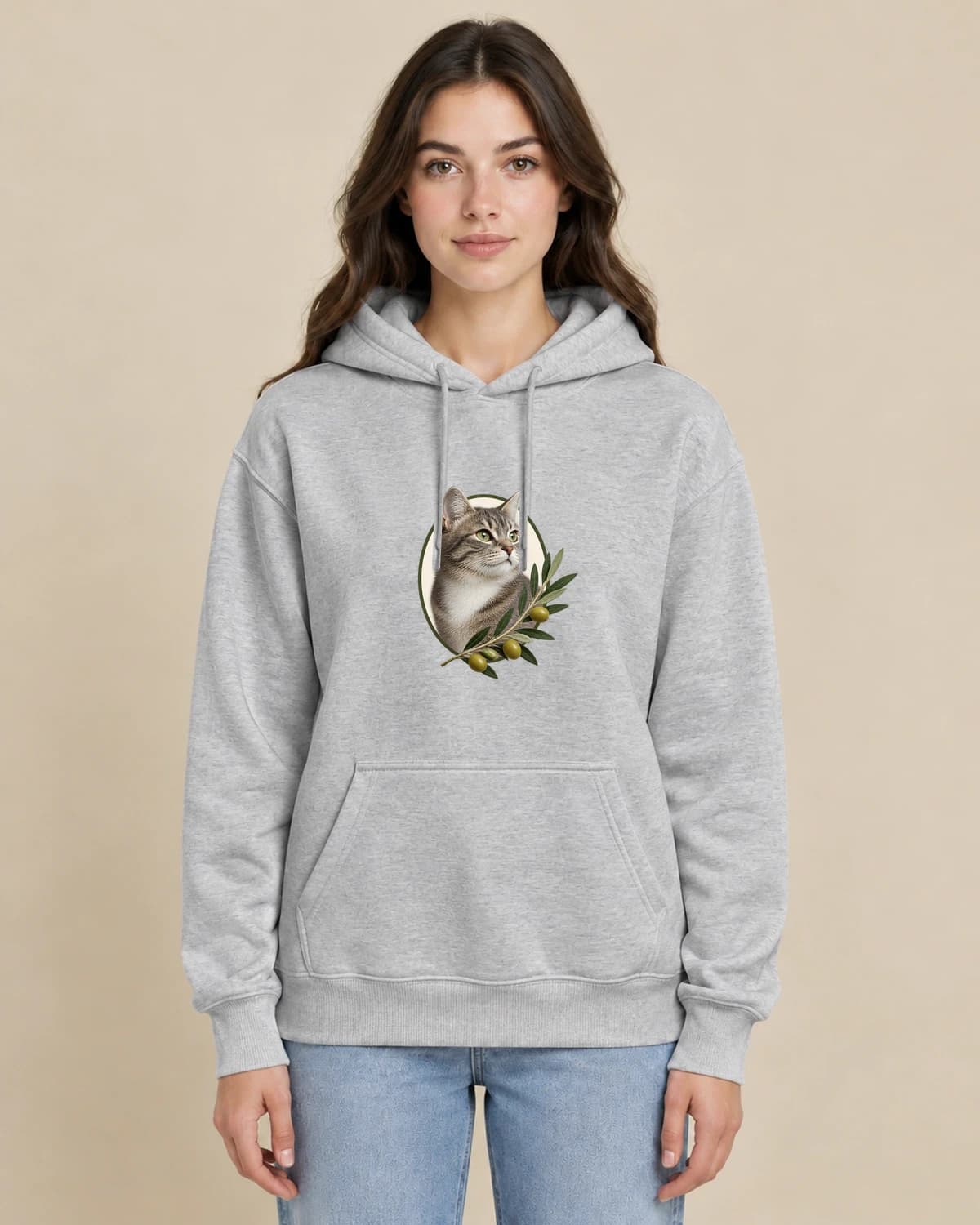 Cat Olive Silhouette on a woman wearing the classic unisex pullover; illustrative styling