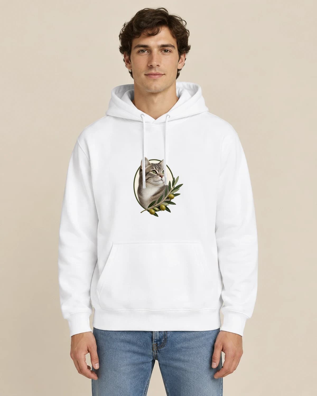 Cat Olive Silhouette, men's styling of the same unisex hoodie