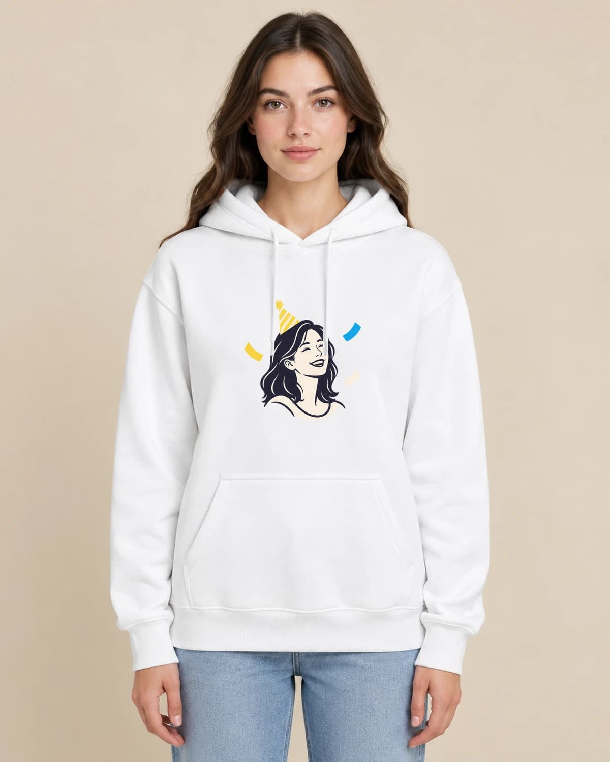 Birthday Ink Spark on a woman wearing the classic unisex pullover; illustrative styling