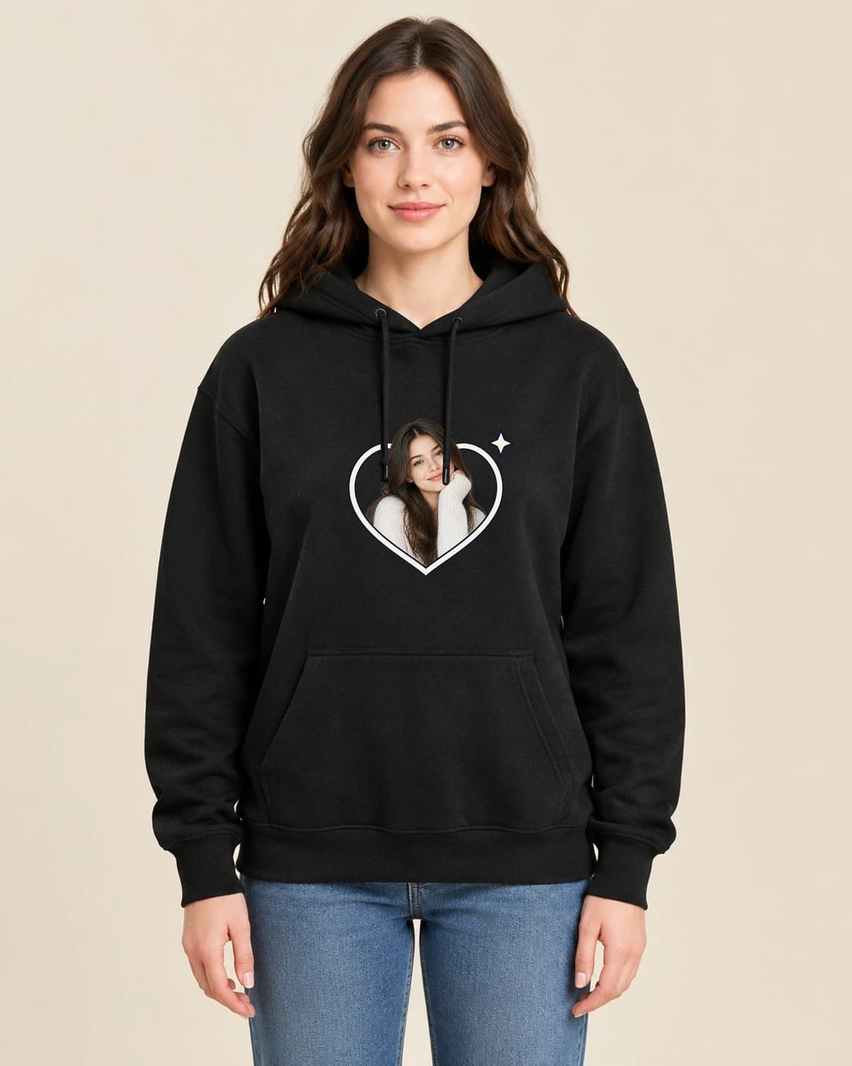 Birthday Quiet Heart on a woman wearing the classic unisex pullover; illustrative styling