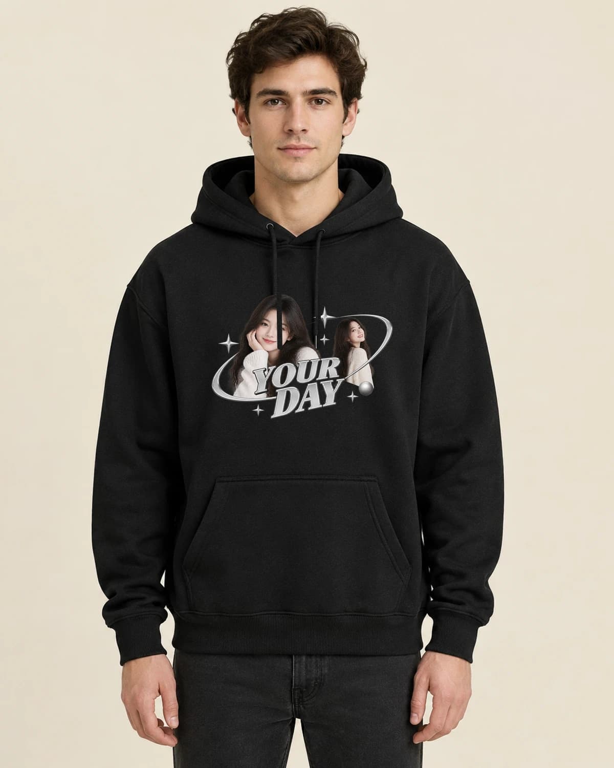 Birthday Silver Orbit, men's styling of the same unisex hoodie