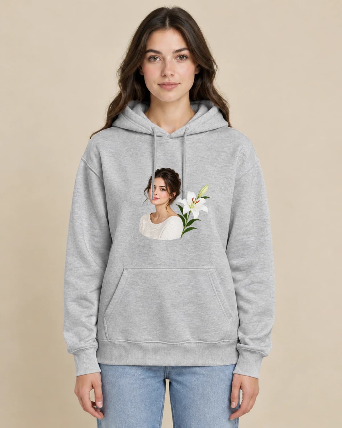 Lily Portrait Keepsake on a woman wearing the classic unisex pullover; illustrative styling