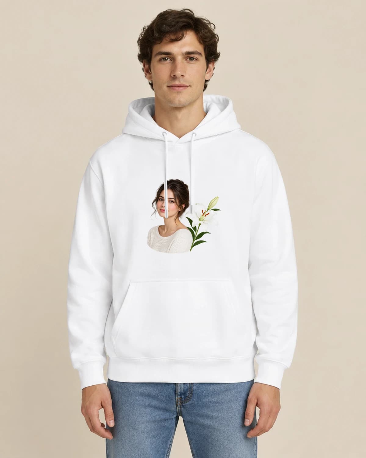 Lily Portrait Keepsake, men's styling of the same unisex hoodie
