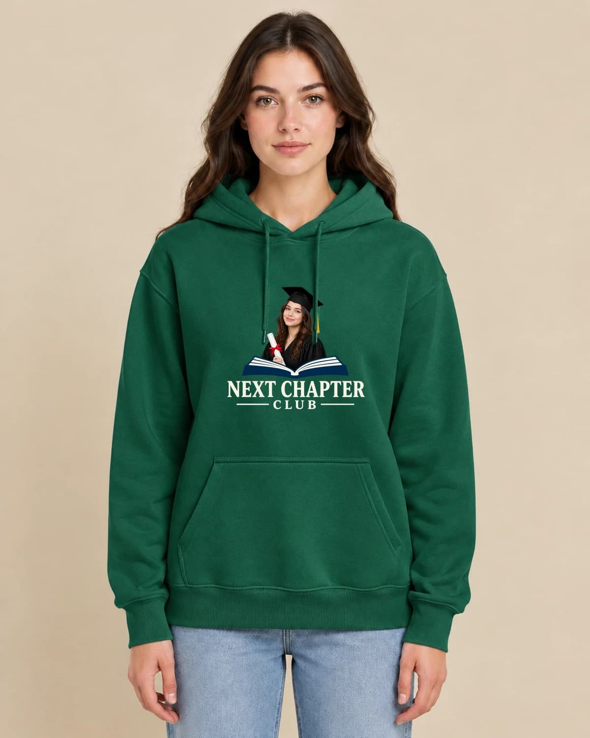 Graduate Chapter Club on a woman wearing the classic unisex pullover; illustrative styling