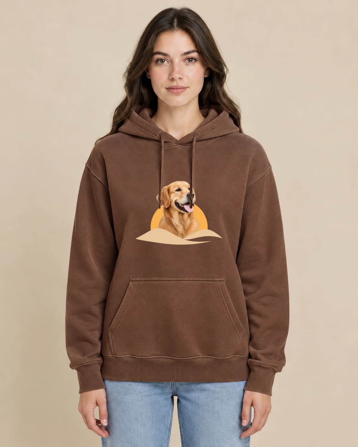 Dog Lasting Light on a woman wearing the classic unisex pullover; illustrative styling