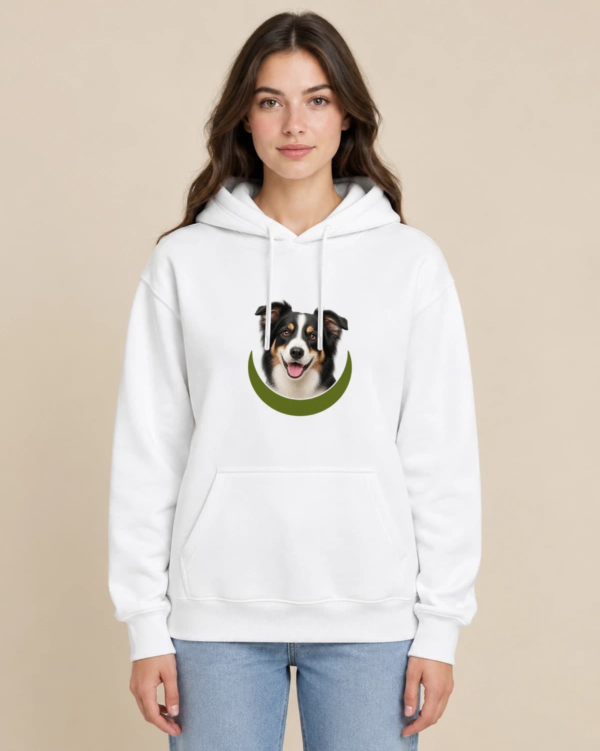 Custom pet memorial hoodies, illustrated on a woman wearing the classic unisex pullover
