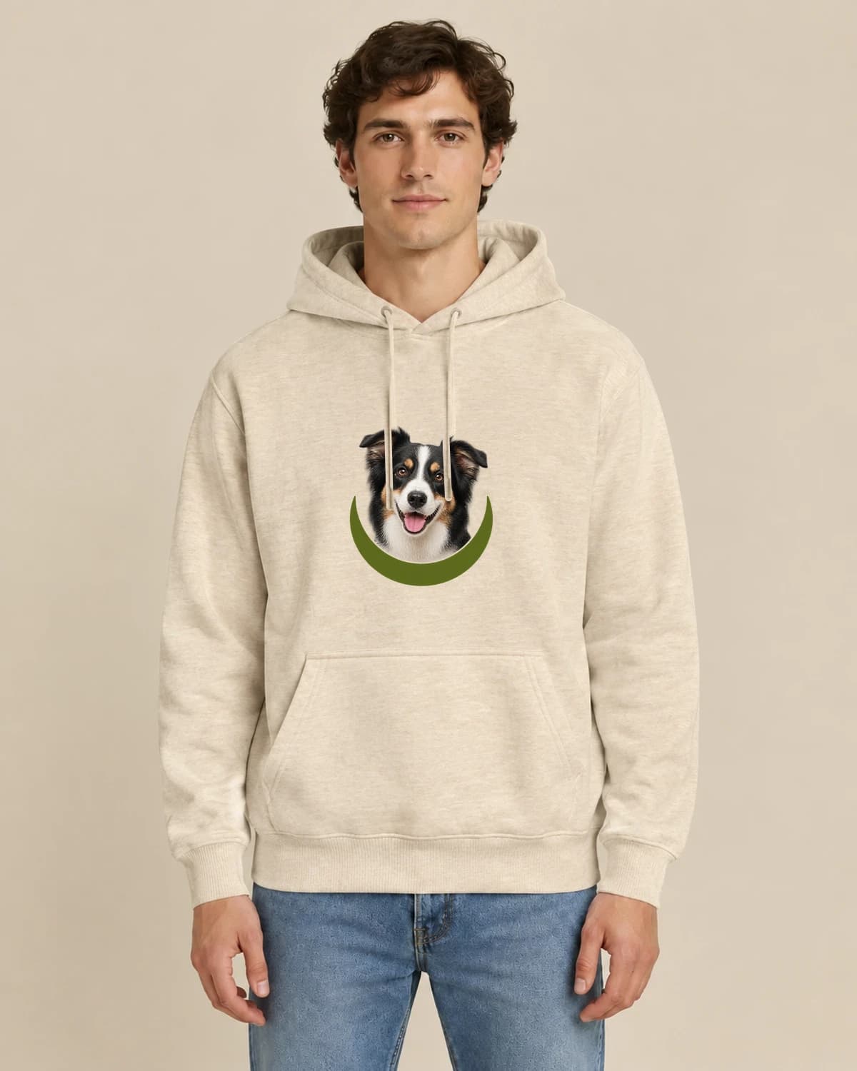 A little closer, always: Dog Olive Keepsake hoodie design; Khaki styling