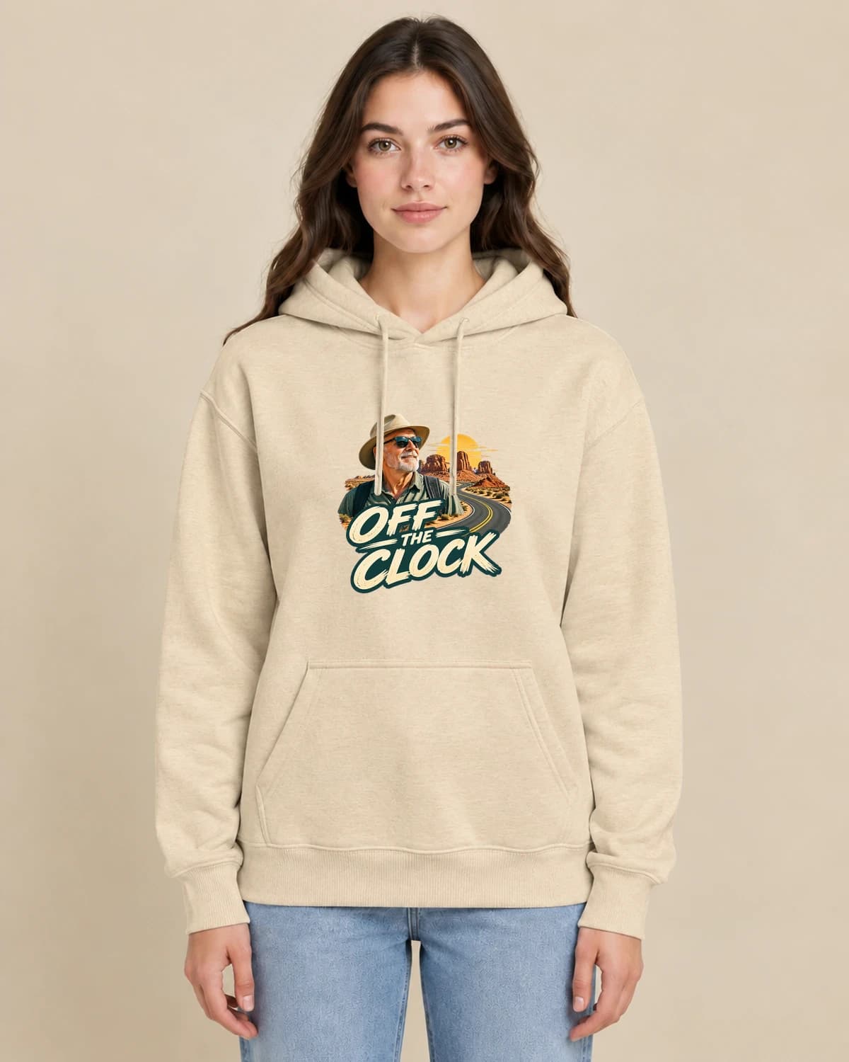 Retirement Desert Radio on a woman wearing the classic unisex pullover; illustrative styling