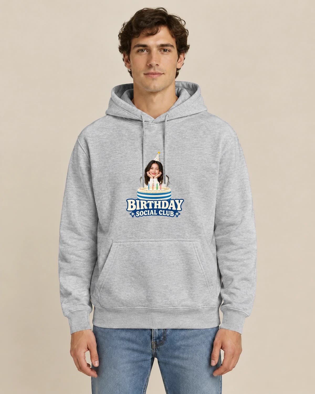 Birthday Social Club, men's styling of the same unisex hoodie