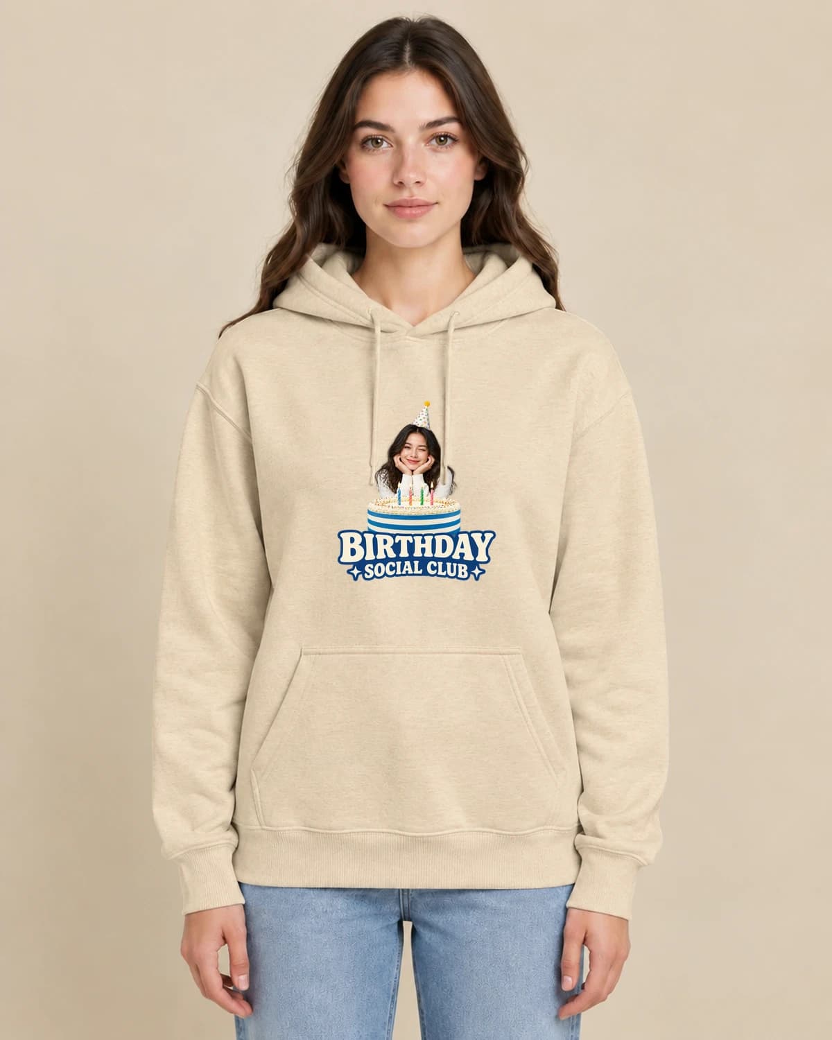 Birthday Social Club on a woman wearing the classic unisex pullover; illustrative styling
