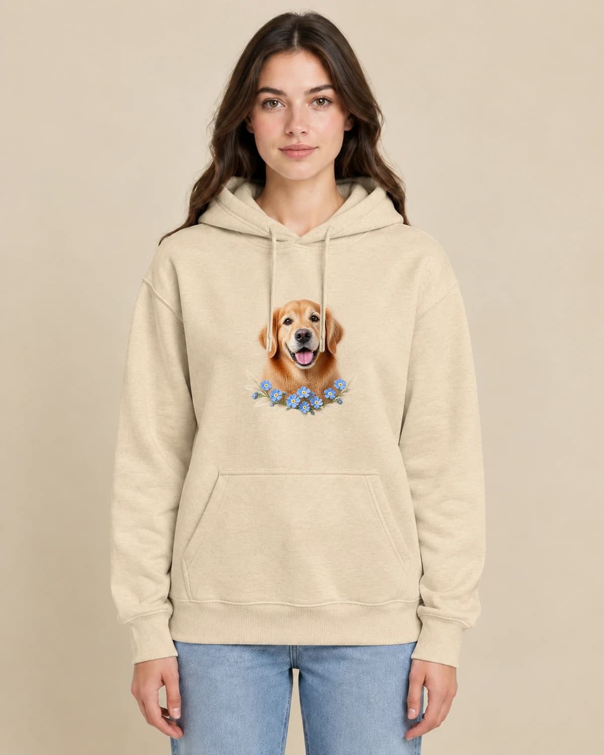 Dog Wildflower Memory on a woman wearing the classic unisex pullover; illustrative styling