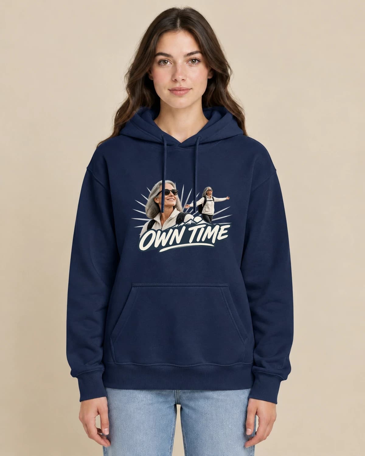 Retirement Main Character on a woman wearing the classic unisex pullover; illustrative styling