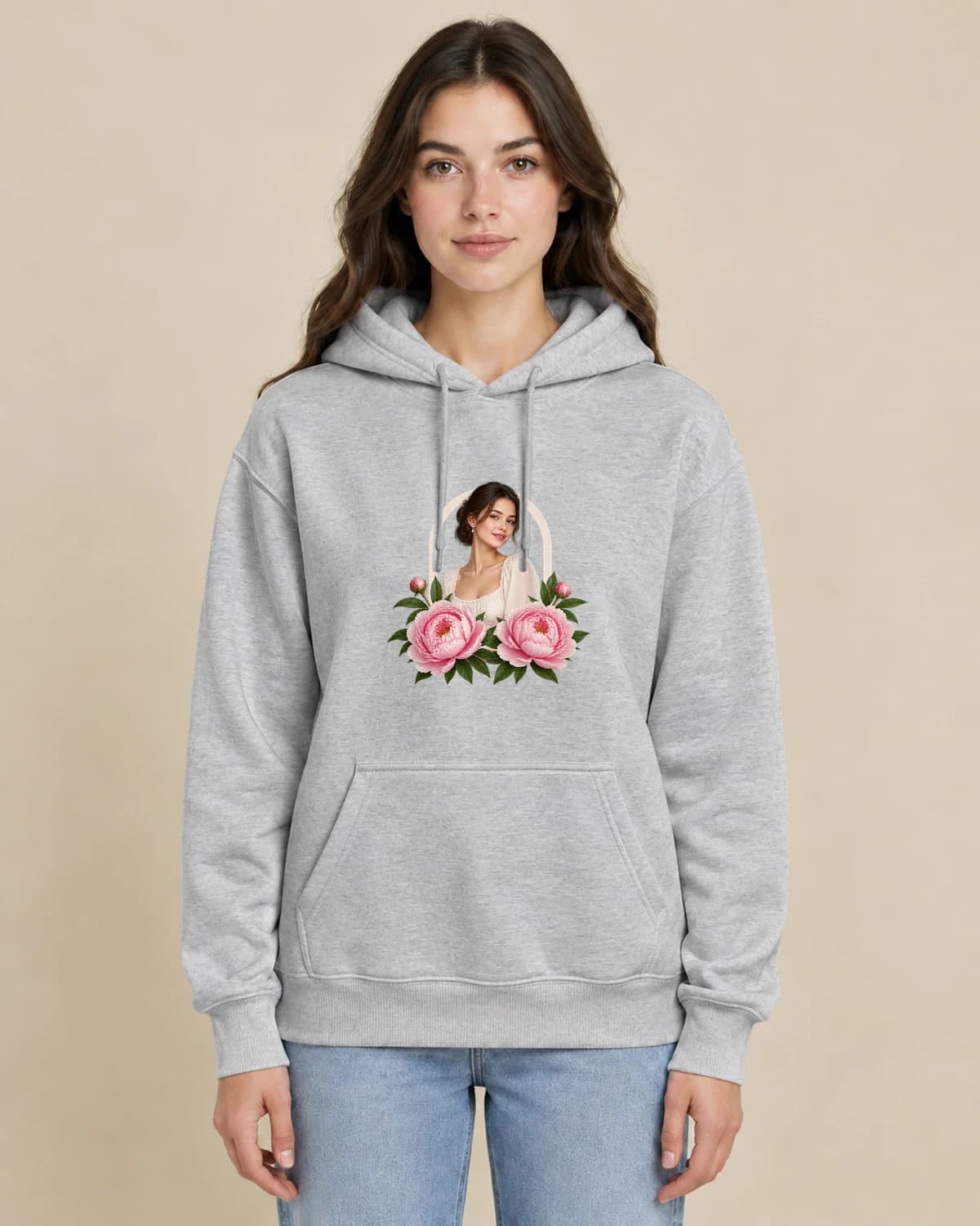 Soft botanical portraits: Birthday Garden Muse hoodie design; Sport Gray styling