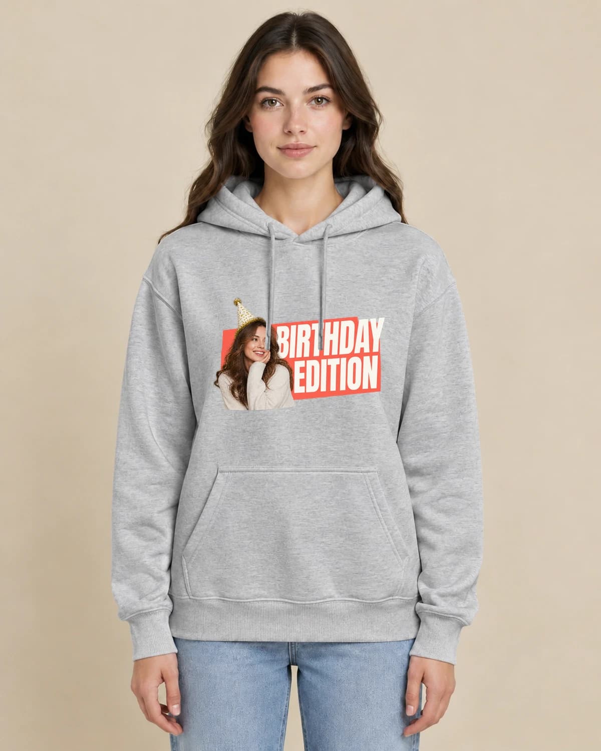 Birthday Cover Edition on a woman wearing the classic unisex pullover; illustrative styling